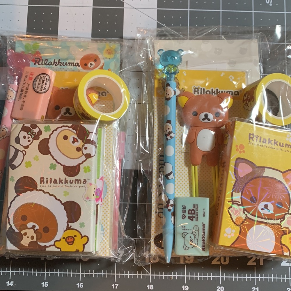 Rilakkuma memo pads paper clip pencil eraser stickers washi tape pink blue set